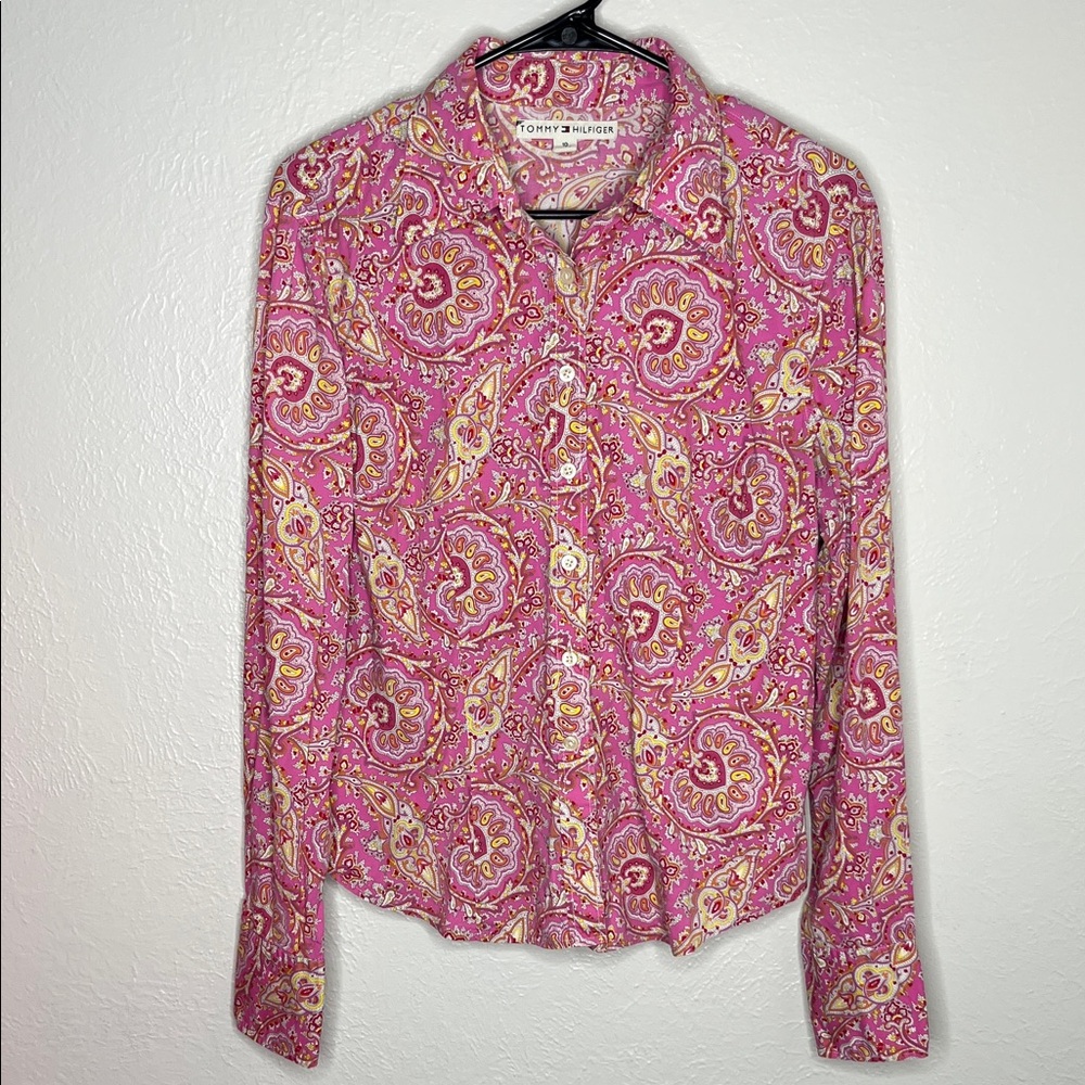 Y2K Tommy Hilfiger Pink Paisley French Cuff Button Down Shirt - Size 10